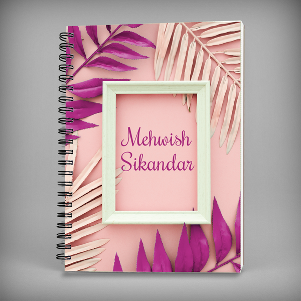 Name Notebook - White Frame with Pink Leaves Spiral Notebook - 7438